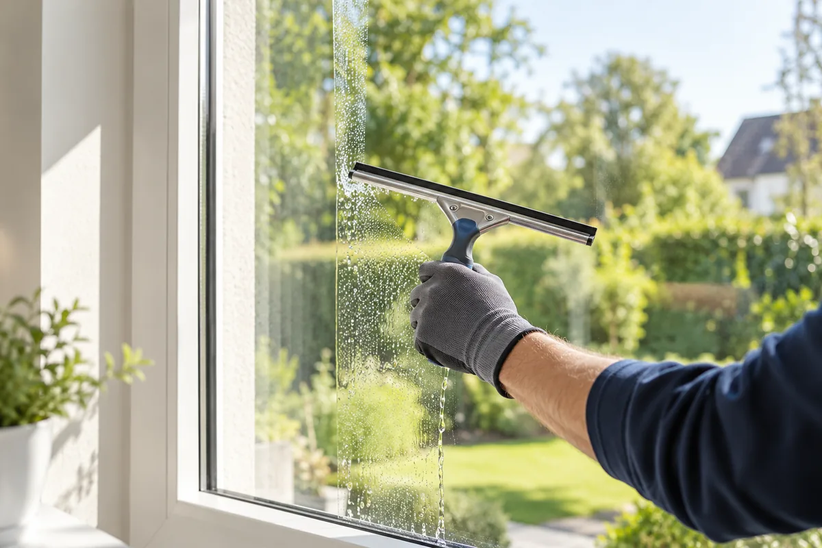 Fensterreinigung mit einem professionellen Glasabzieher