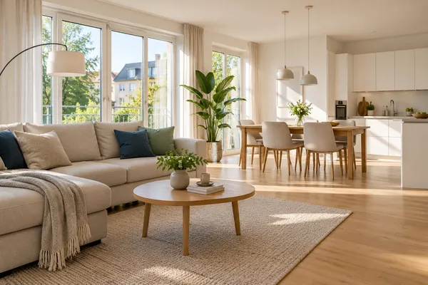 Gepflegter Wohnbereich mit heller Küche und sauberem Holzboden