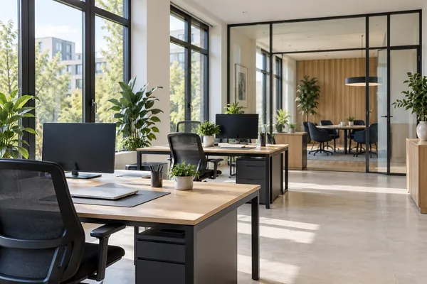 Sauberer Bürobereich mit aufgeräumten Arbeitsplätzen