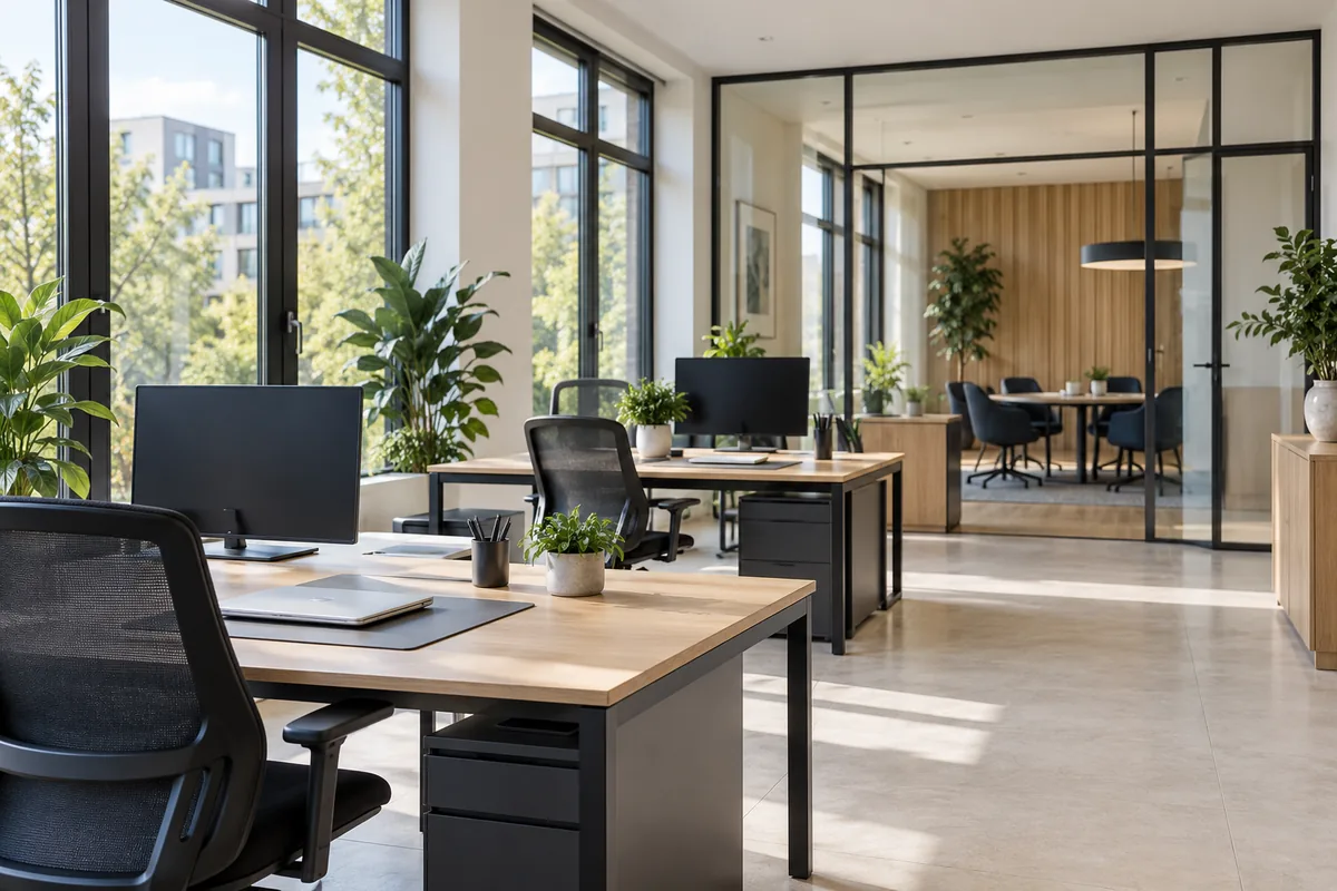 Sauberer Bürobereich mit aufgeräumten Arbeitsplätzen